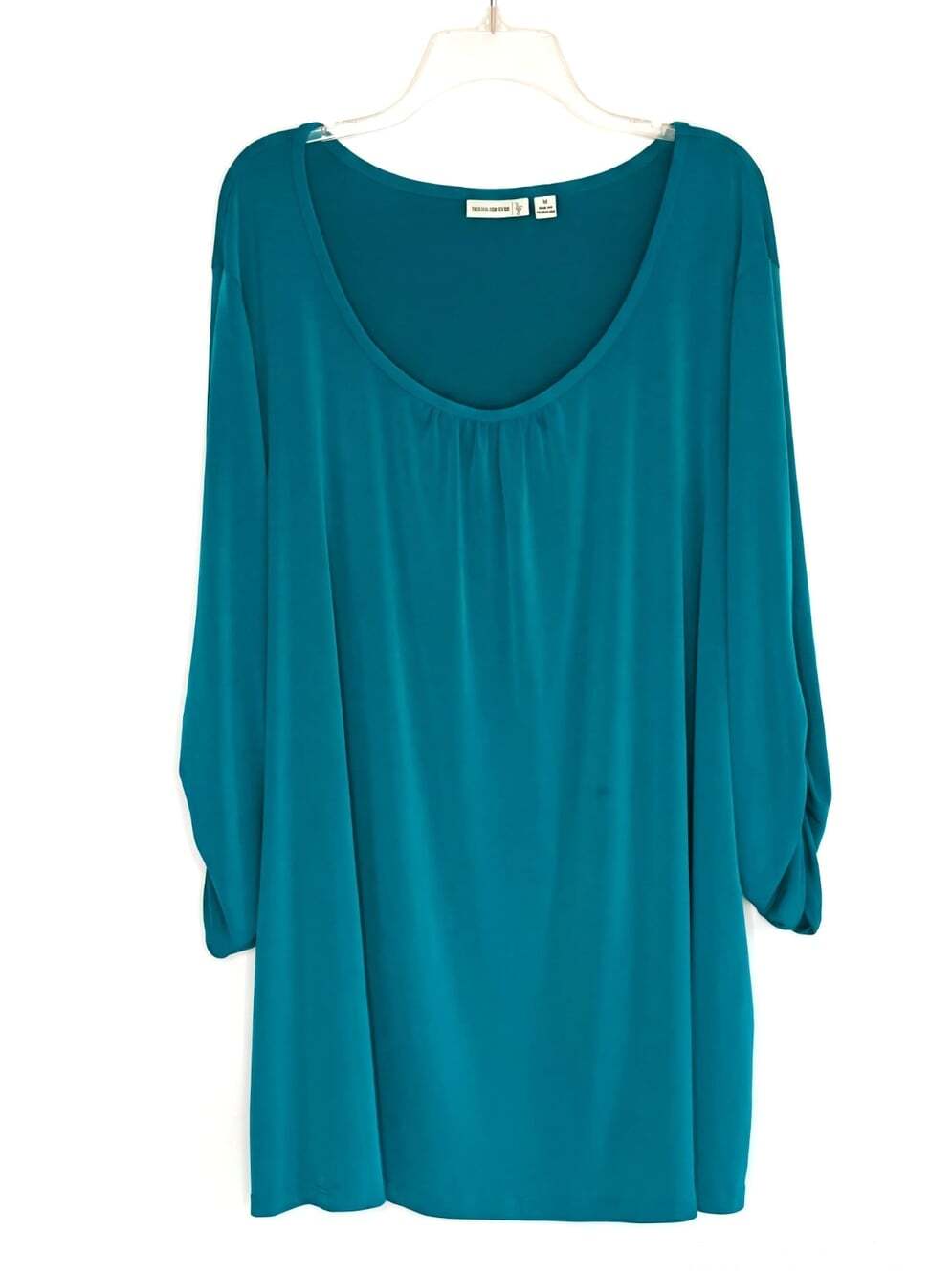 Susan Graver Liquid Knit 3X Top Scoop Neck Ruched 3/4 Sleeves Career Comfort